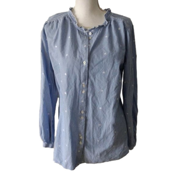 TALBOTS ruffle band collar embroidered‎ polka dot button front blouse Sz L - Picture 1 of 8